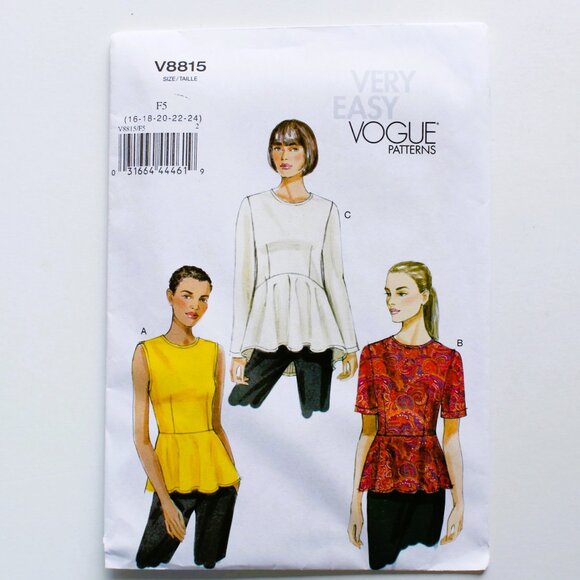 Vintage Vogue Sewing Pattern V8815 Peplum Tops 16-18-22-24 F5 Very Easy 2012 - Picture 2 of 4